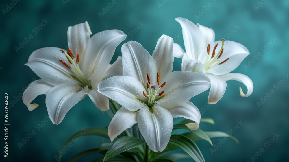   A vase containing white lilies set against a backdrop of blue and teal with a red striped center flower