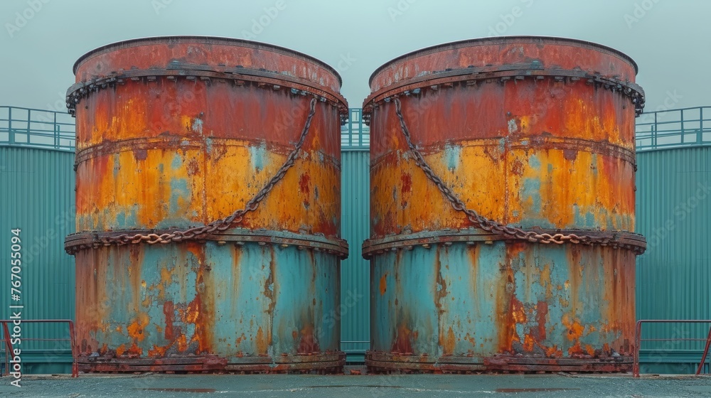 Two rusted tanks sit beside a blue building with a surrounding metal fence Two rusted tanks sit beside a blue building with a surrounding metal fence