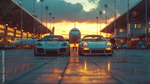  Two cars parked beside an airport plane during sunset © Viktor
