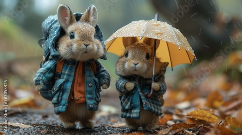  Two rabbits under an umbrella in the rain