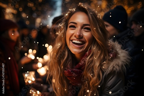 Woman celebrating New Year in the city streets with friends