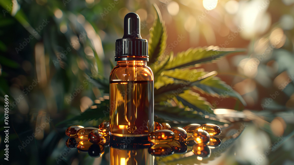 A dropper bottle of CBD oil and gel capsules are elegantly presented amongst cannabis leaves. A dropper bottle of CBD oil and gel capsules are elegantly presented amongst cannabis leaves.