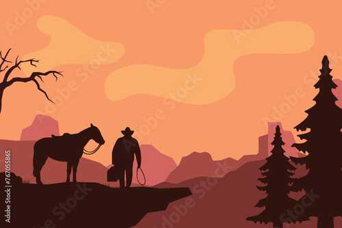 landscape silhouette of cowboy riding at horse background template simple concept vintage design