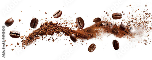 Coffee beans flaying with ground grains.