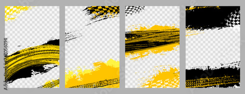 Four grungy background frames with abstract tire tracks and chess flags