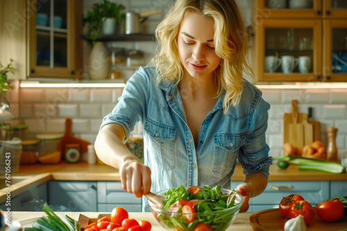 Smiling woman tossing salad in bright kitchen