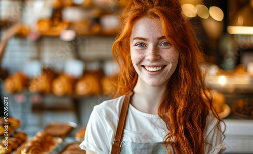 Red-haired woman with a joyful expression in a bakery