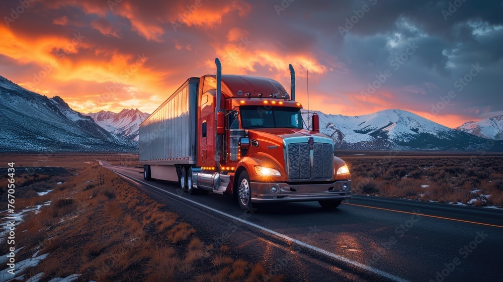 A red semi truck is driving down a snowy road with mountains in the background A red semi truck is driving down a snowy road with mountains in the background
