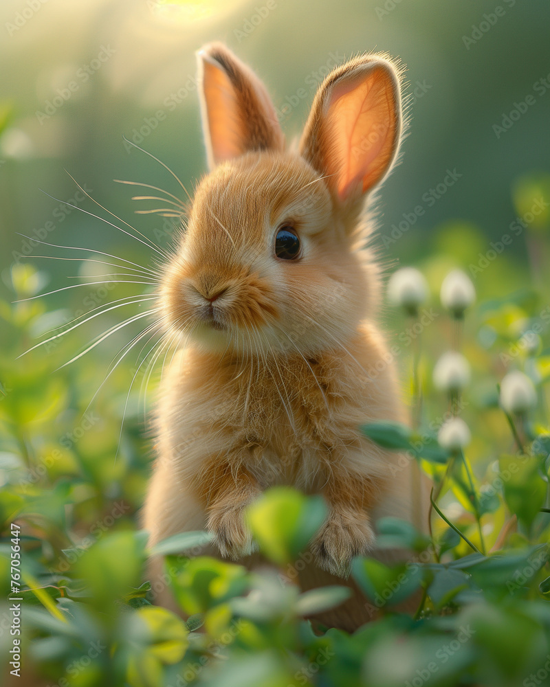 Bunny on a natural green background. Bunny for Easter designs and decorations. Fluffy baby rabbit. Easter Bunny. Symbol of Easter day. Bunny on a natural green background. Bunny for Easter designs and decorations. Fluffy baby rabbit. Easter Bunny. Symbol of Easter day.