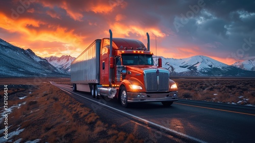 A red semi truck is driving down a snowy road with mountains in the background © bannafarsai