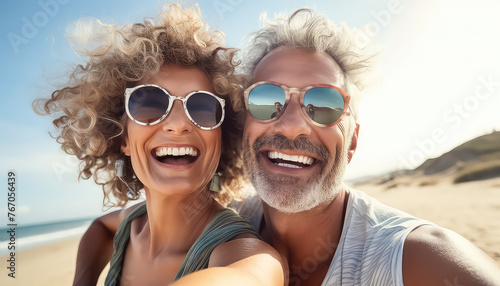 Senior couple in glasses on the beach taking selfie