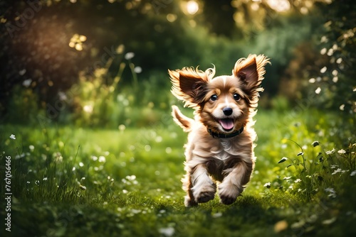 A very little puppy is running happily with floppy ears through a garden with green grass.