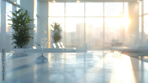 Beautiful blurred background of a light modern office interior with panoramic windows, beautiful lighting, and contemporary furnishings. Generative AI