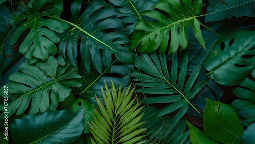 Backdrop background of green tropical leaves monstera, palm, fern