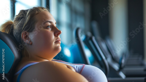 An overweight young woman in the gym preparing to play sports, the concept of an active life in any age, taking care of the body and building a relationship with weight