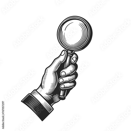 hand holding a magnifying glass, symbolizing search, scrutiny, and discovery sketch engraving generative ai fictional character vector illustration. Scratch board imitation. Black and white image.