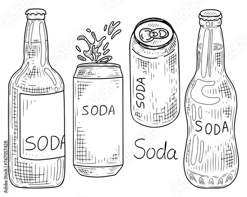 Set soda lemonade in a bottle sketch. Carbonated drink. Sweet water. Hand drawn vector illustration.