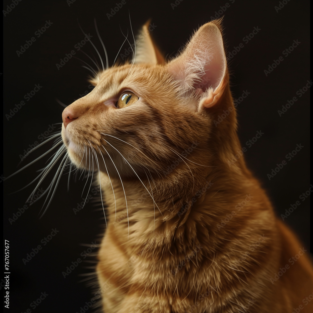 Portrait of an adult orange Domestic Shorthair tabby cat looking upward