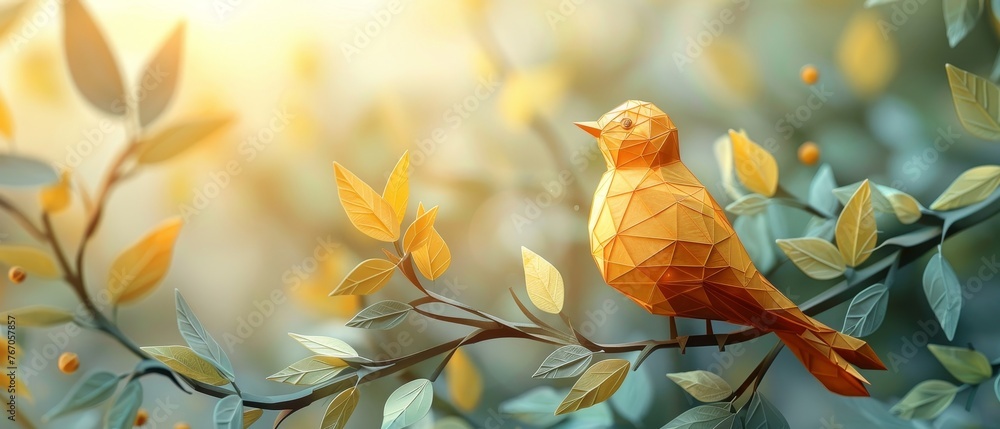Fototapeta premium This is an abstract happy 2024 New Year greeting card with a paper origami bird with an olive branch. A high poly design with a geometric background and a wireframe light structure. This is a 3D
