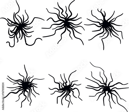 Four similar creatures mimic parasites, brain neurons with axons, or insects such as spiders.
