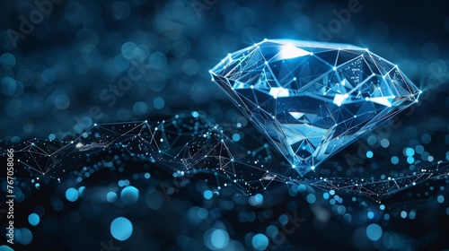 This is an illustration or background of a diamond with a crumbled edge on blue with dots and stars. It represents jewelry, gems, luxury, and wealth. © Zaleman