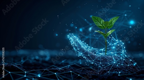 Giving hand with young plant in soil. Low poly style design. Blue geometric background. Wireframe light connection structure. Modern 3D graphic concept. Isolated  illustration. photo