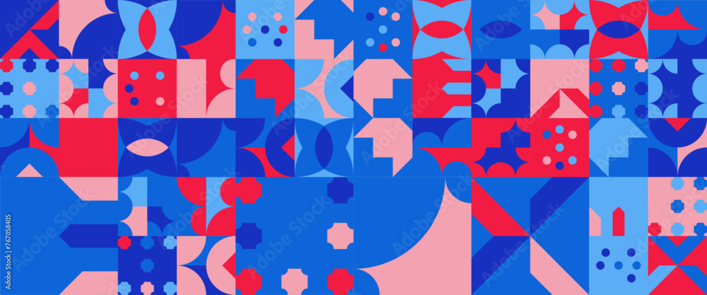 Blue red and pink geometric mosaic seamless pattern illustration with creative abstract shapes. For banner, background, cover, poster, wallpaper, presentation background, certificate Blue red and pink geometric mosaic seamless pattern illustration with creative abstract shapes. For banner, background, cover, poster, wallpaper, presentation background, certificate