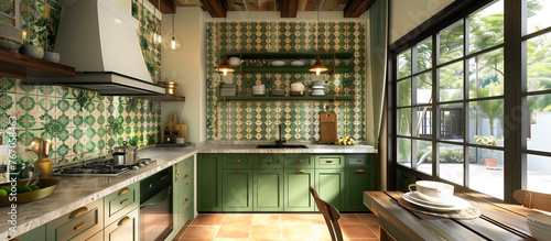 green modern kitchen room with vintage tile concept