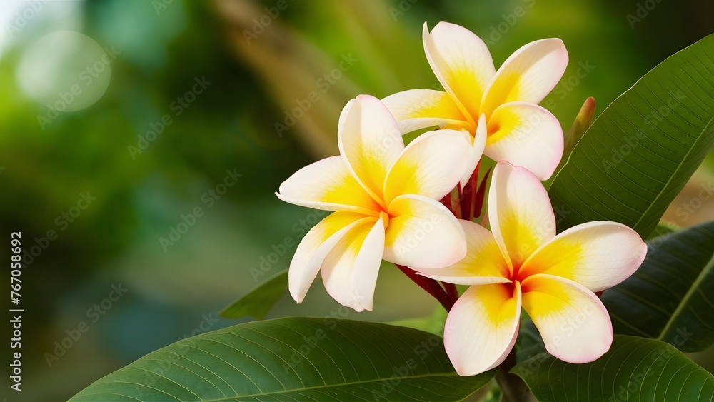 Fototapeta premium Banner displays tropical nature background with beautiful frangipani flowers