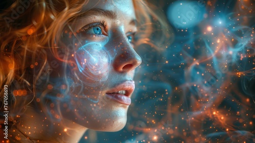 An advertising banner or banner image of a woman looking at a hologram. Wide angle visual for banners or advertisements.