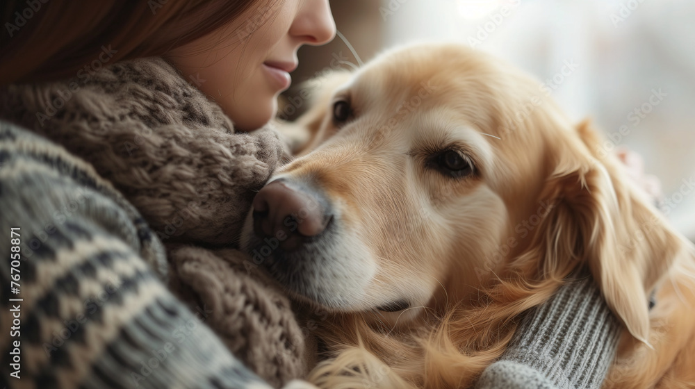 Pet Therapy. Woman hugging adorable golden retriever, showcasing the positive influence of animals on mental health and emotional well-being - obrazy, fototapety, plakaty 