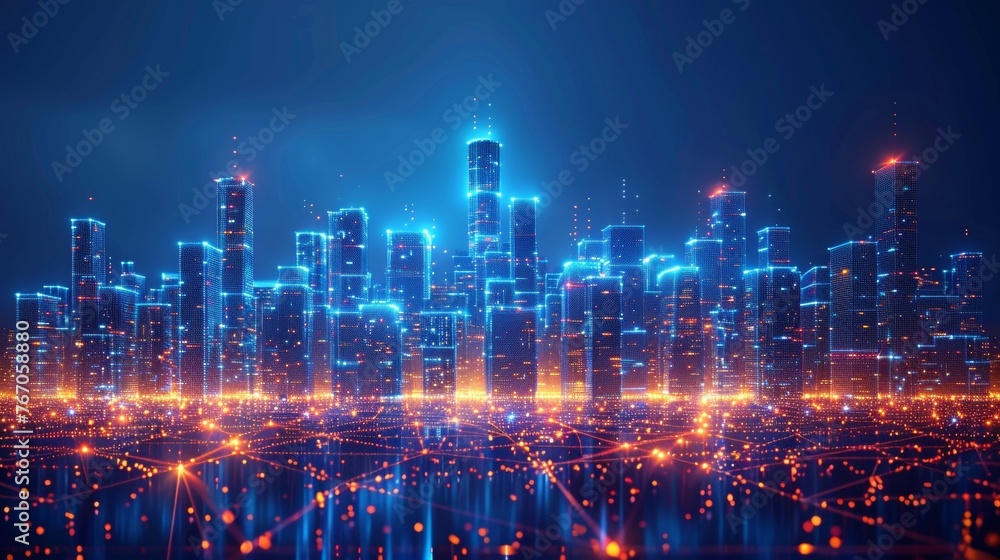 A futuristic smart city panorama with technology buildings against a dark blue background and illuminated buildings at night. Low poly wireframe 3D modern illustration.