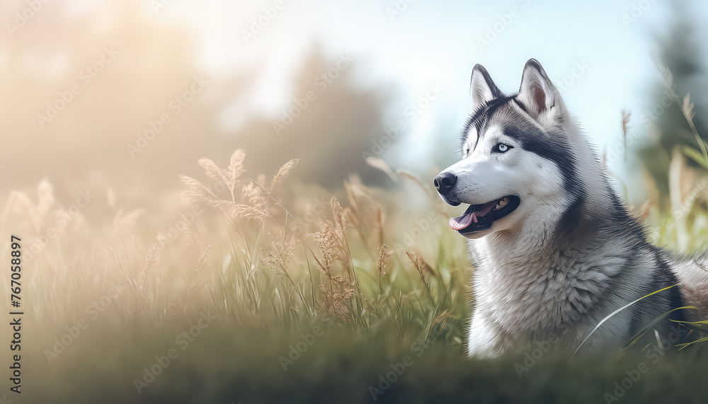 Husky dog walking in the meadow in summer at sunset