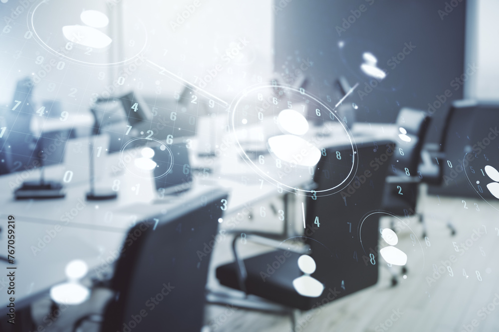 Naklejka premium Abstract virtual social network concept on a modern furnished office background. Multiexposure