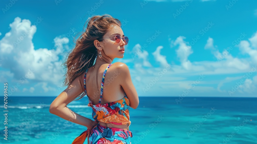 A vibrant photo capturing a beautiful young woman with a colorful outfit standing against a deep blue ocean backdrop, reminiscent of a carefree summer day