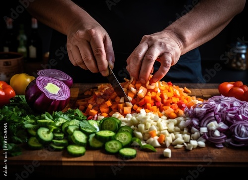 Man chopping fresh vegetables on wooden board