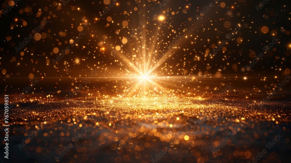 The abstract design features a golden front sun lens flare with a transparent special light effect. The blurred motion glow glare is isolated on a transparent background. A star explosion with rays - obrazy, fototapety, plakaty 