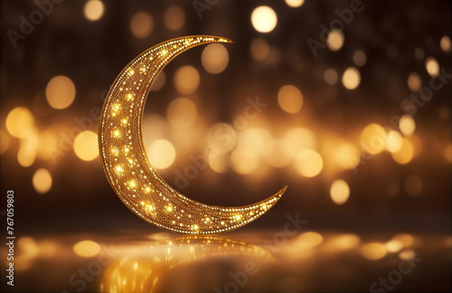 Golden ornamental arab half moon with glittering bokeh lights glowing at night. Web banner, frame. Card for Ramadan Kareem or Eid-ul-Fitr muslim holiday. Festive blurred background, no people.