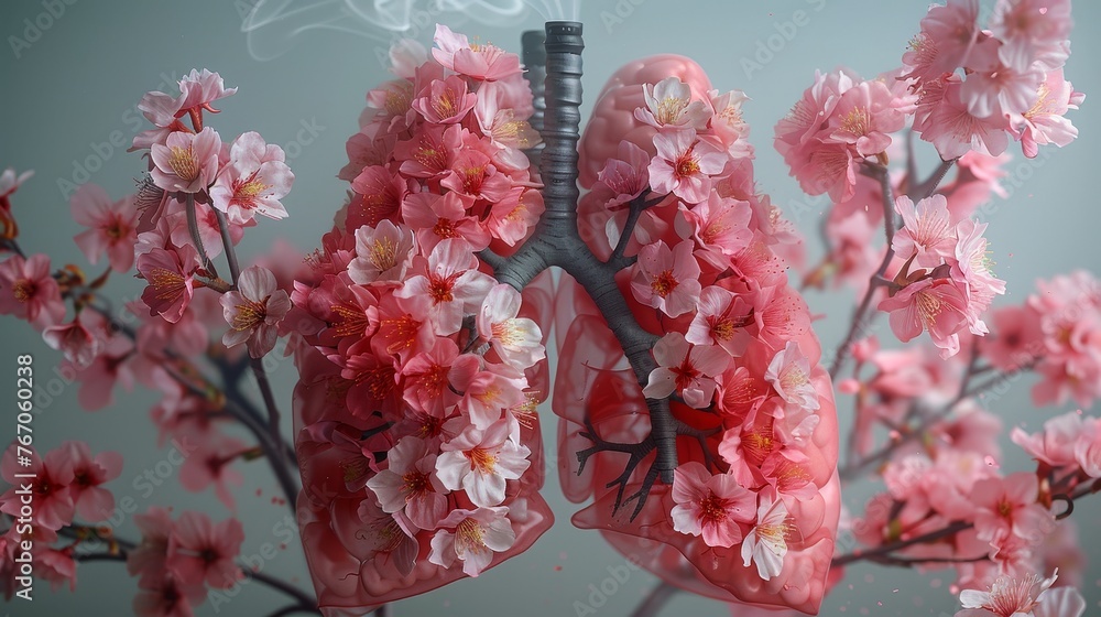 A Japanese flower and cigarette stick depicting the lungs of a human. World No Tobacco Day. No smoking. Medical banner, copy space. - obrazy, fototapety, plakaty 