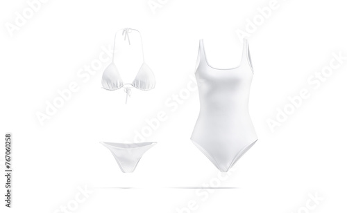 Blank white one-piece swimsuit and bikini mockup, front view
