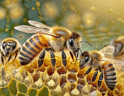the queen (apis mellifera) marked with dot and bee workers around her - bee colony life © Worship