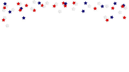 Blue, red and whitestar shaped confetti isolated on background. 4th July, Independence day party decor, invitation.  Web banner in usa, Czech, Russia flag colors. Top view, flat lay, empty copy space