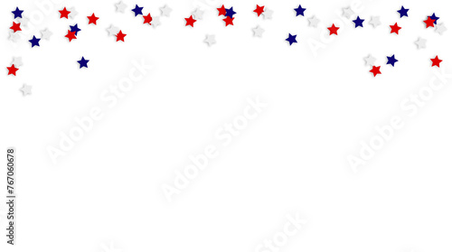 Blue, red and whitestar shaped confetti isolated on background. 4th July, Independence day party decor, invitation.  Web banner in usa, Czech, Russia flag colors. Top view, flat lay, empty copy space