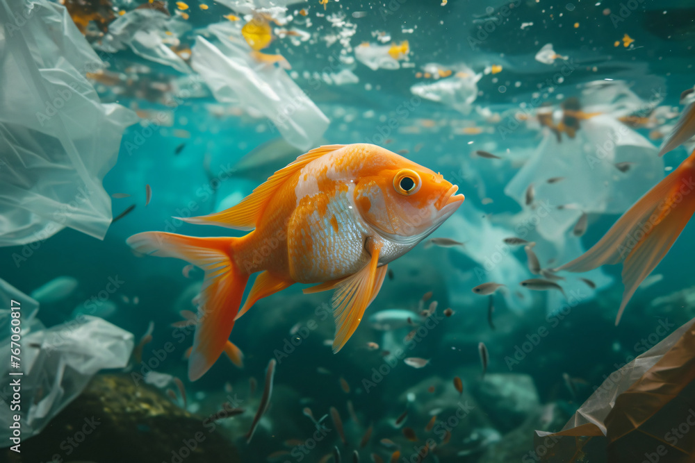 Image showcasing An orange goldfish is depicted swimming amongst plastic waste, in a ...
