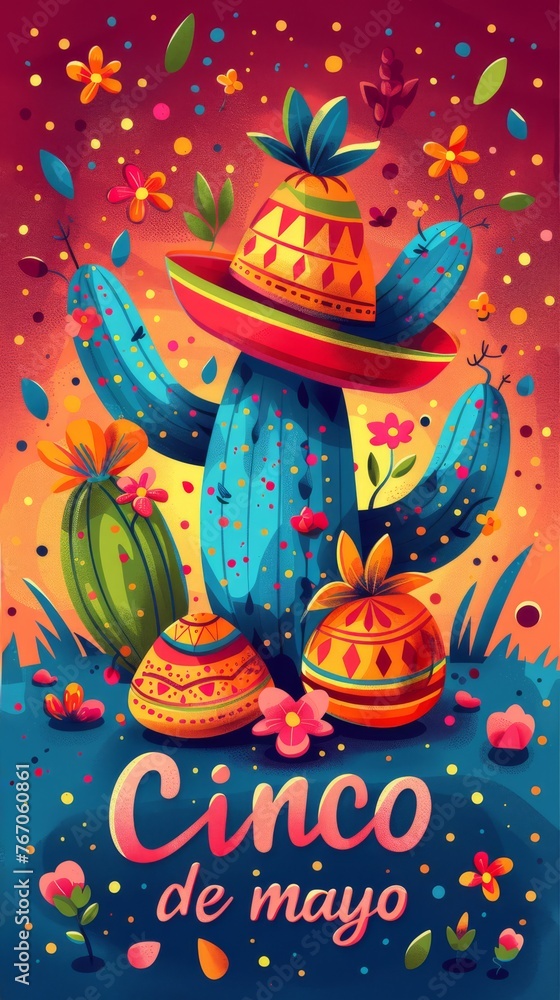 Cinco de mayo mexican fiesta poster with text. Sombrero and cactus, guitar and tequila Cinco de mayo mexican fiesta poster with text. Sombrero and cactus, guitar and tequila