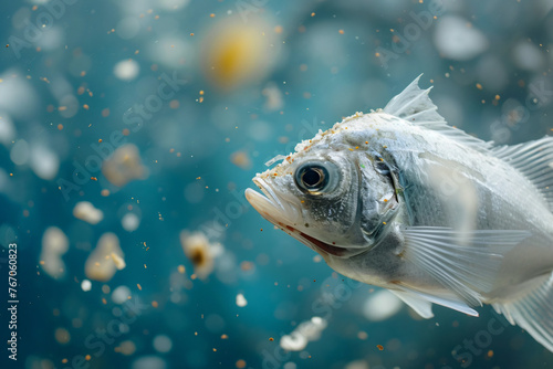 Close-up of a fish surrounded by microplastics, conveying the pressing issue of marine pollution in a generative AI artwork photo