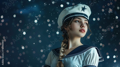 A young woman in sailor attire, exuding confidence and style against a deep navy background reminiscent of a starry night sky