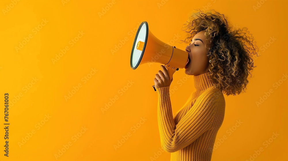 Fototapeta premium A young woman yelling in a megaphone on a vibrant yellow background, real photo