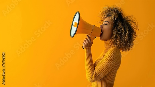 A young woman yelling in a megaphone on a vibrant yellow background, real photo photo