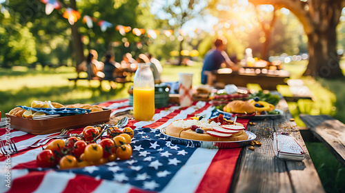 Wallpaper Mural A relaxed Labor Day picnic setting with an American flag tablecloth, people enjoying food and company. 
 Torontodigital.ca